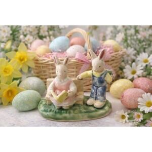 Vintage Ceramic Bunny Rabbits on Bench Figurine Spring Easter Decor